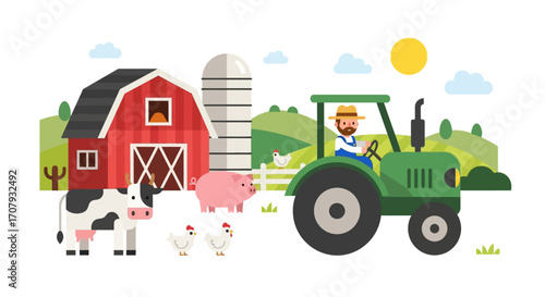 Farmer driving tractor with farm animals and barn.
