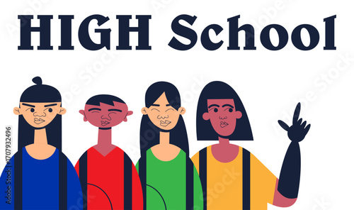 Diverse Group of High School Students. Back to School Concept with Multiethnic Teenagers. Flat Vector Illustration.