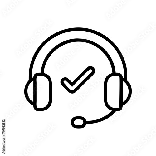 Minimalist black outline vector icon of a headset with a microphone and a checkmark, symbolizing verified audio communication, call quality, and professional sound, isolated on a transparent backgroun
