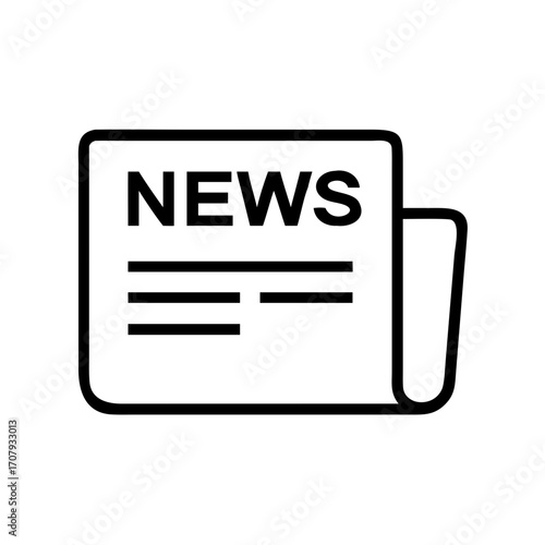 Minimalist black outline vector icon of a newspaper with "News" text, symbolizing media, journalism, and information. Isolated on a transparent background
