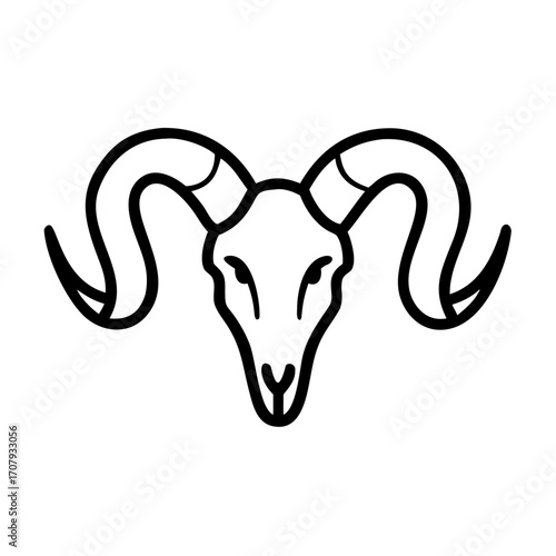 Minimalist black outline vector icon of a ram skull with curled horns, isolated on a transparent background.