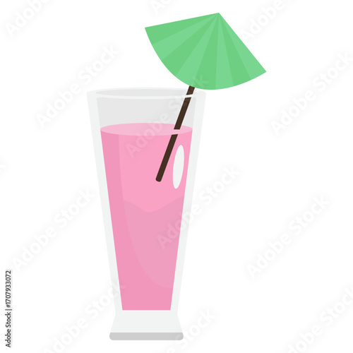 A refreshing pink drink served in a clear glass with a green umbrella on a white background