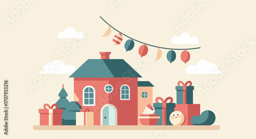 Festive Christmas town scene with a decorated house and gifts.