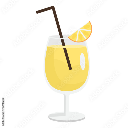 Refreshing yellow drink with a straw and lemon slice, set against a minimalistic white background