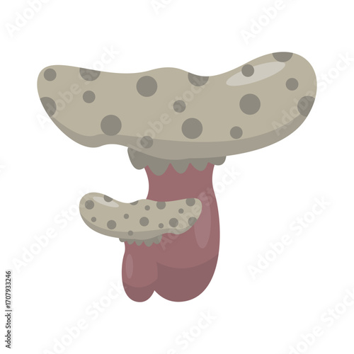 Abstract illustration of a mushroom with a spotted cap, set against a plain background