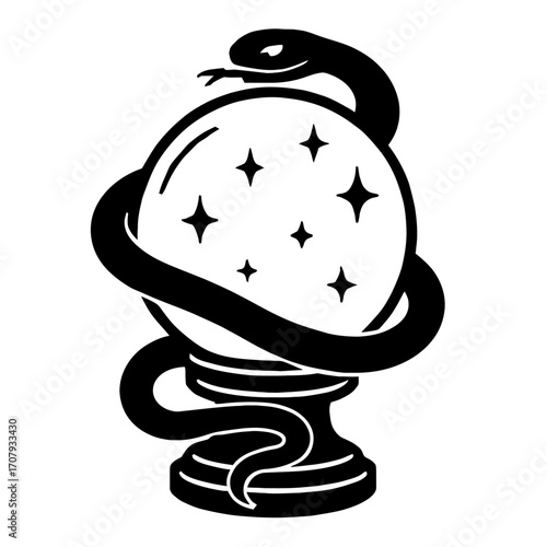 Vector Illustration of a Crystal Ball with a Snake. A Graphic for Magic, Fantasy, and Fortune-Telling.