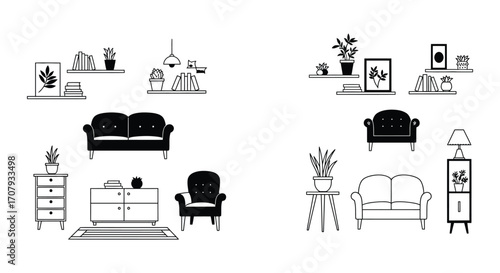 a cozy living room setup with various furniture arrangements