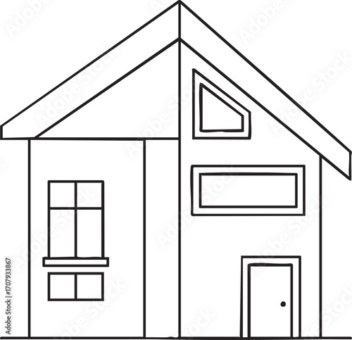 Simple black and white line art illustration of a modern two-story house. Minimalist vector icon for real estate or architecture design