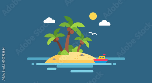 Flat design illustration of a tropical desert island with palm trees.
