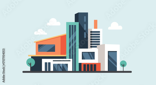 Flat design vector illustration of a modern city skyline.