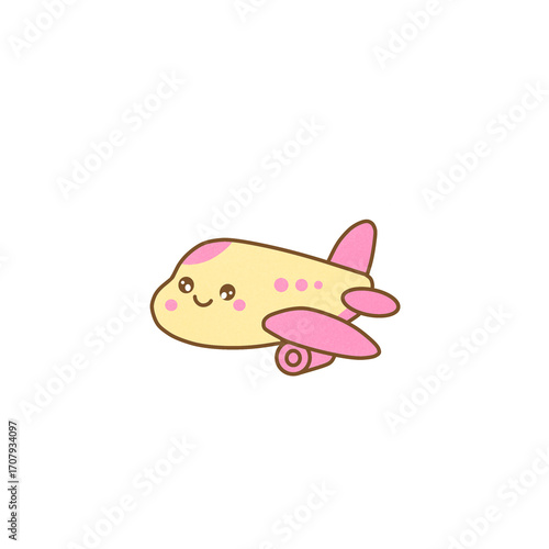 Cute kawaii cartoon airplane with smiling face, pastel yellow and pink plane isolated on black background, adorable kids illustration, funny aviation travel clipart