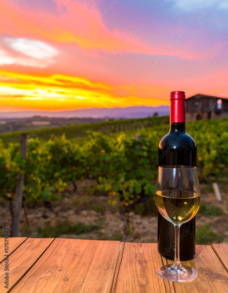 Fototapeta premium Wine glass and bottle at sunset over vineyards
