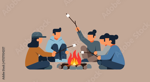 Friends enjoying a campfire and roasting marshmallows outdoors.