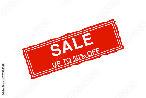 A bright red sale tag with white text announcing "SALE UP TO 50% OFF" on a white background.