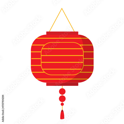 Brightly colored round lantern hanging against a clear blue sky with minimal background distractions