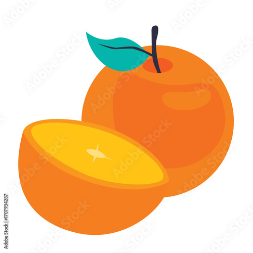Vibrant illustration of a ripe orange with a turquoise leaf against a bright orange backdrop