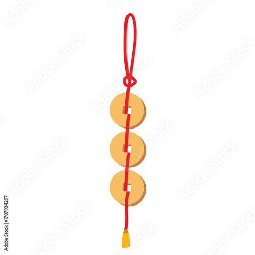 Two circular wooden tokens connected by a red string, hanging against a plain white background