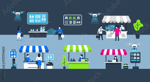 Futuristic outdoor market with drone delivery and digital kiosks.