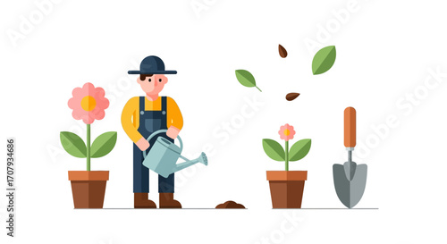 Gardener watering plants and tending to flowers in a garden setting.