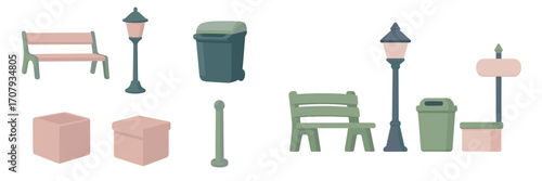 Public park and street furniture elements such as benches, lampposts, waste bins, planters, and a signpost
