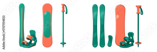 Collection of winter sports equipment including skis, snowboards, poles, and bindings for mountain recreation and leisure activities