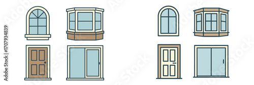 Modern architectural elements featuring a diverse collection of windows and doors for residential and commercial building design