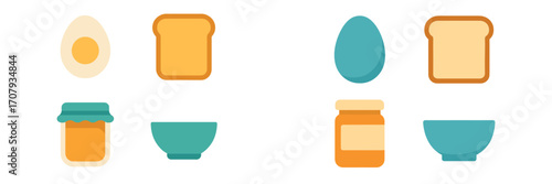 Variety of breakfast food items including hard-boiled egg, whole egg, toast, jam, and empty bowls, ready for a morning meal