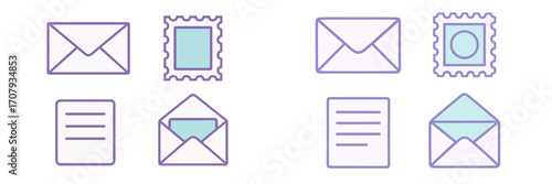 Collection of mail communication and postal service icons including closed and open envelopes letters and postage stamps