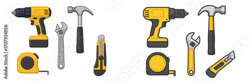Collection of essential construction and DIY hand tools including drill hammer wrench tape measure utility knife