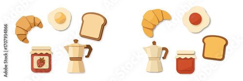 Delicious breakfast food items assortment with croissant, fried egg, toast, and coffee maker for a cozy morning meal setup