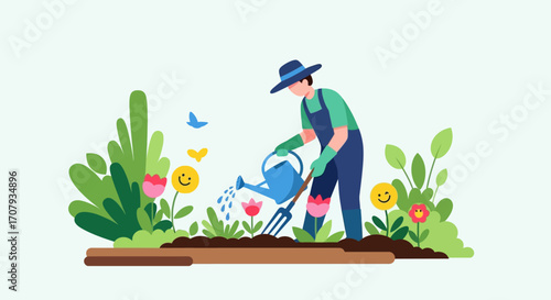 Gardener watering plants in a vibrant garden with colorful flowers.