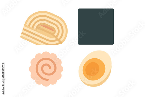 Assortment of popular ramen ingredients including rolled noodles, dried seaweed, narutomaki fish cake, and a halved boiled egg