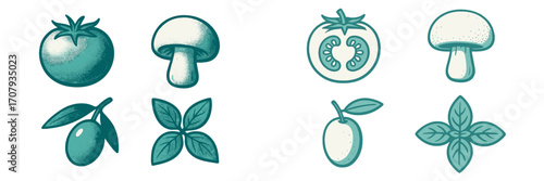 Stylized fresh organic tomatoes, mushrooms, olives, and basil leaves for healthy food and culinary concepts and designs