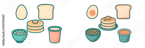 Breakfast food items set including eggs, toast, pancakes, cereal, and yogurt for morning meals