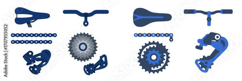 Assortment of essential bicycle components featuring saddle, handlebar, chain, sprockets, and derailleur system elements for cycling