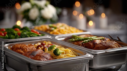 Detailed hospitality catering scene with neatly aligned bain-maries, steaming food variety, serving spoons, and warm banquet hall background lighting