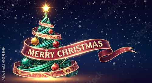 Festive Christmas tree adorned with ornaments and a Merry Christmas ribbon, glowing brightly against a starry night sky.