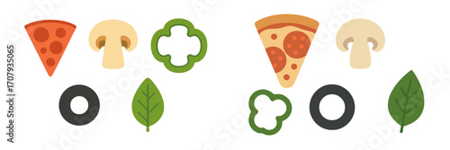 Assortment of pizza slices with pepperoni, cheese, mushroom, bell pepper, olive, and spinach toppings