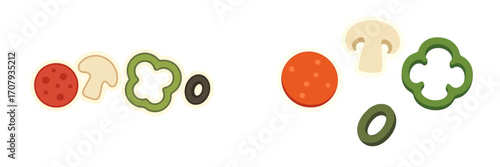 Delicious pizza toppings assortment with pepperoni, sliced mushrooms, green bell peppers, and black olives