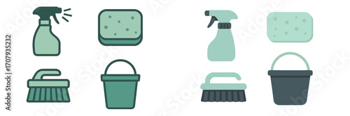 Household cleaning supplies collection with spray bottles, sponges, brushes, and buckets for domestic hygiene