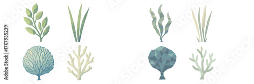Abstract collection of stylized green and blue plant shapes and botanical elements with geometric texture for natural design projects and abstract backgrounds