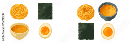 Asian food ingredients set with golden noodles, dark green seaweed, perfectly soft-boiled eggs, and savory broth bowls for delicious ramen