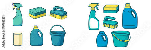 Comprehensive collection of household cleaning products and tools including spray bottles, sponges, brushes, detergent, buckets, and paper towels for domestic hygiene
