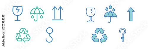 Standardized shipping and handling symbols for fragile items, moisture protection, package orientation, and recycling
