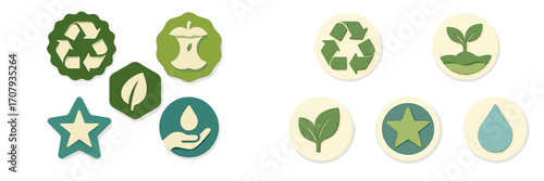 Comprehensive set of green environmental protection and sustainability icons featuring recycling, nature, and water conservation symbols