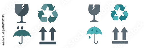 Collection of essential shipping and handling symbols for packaging fragile goods and environmental recycling