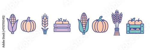 Vibrant autumn harvest produce featuring fresh corn, pumpkins, wheat stalks, and ripe apples in rustic wooden crates