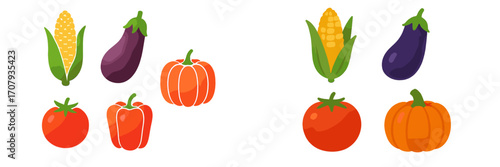 Colorful collection of fresh garden vegetables including corn, eggplant, pumpkin, tomato, and bell pepper