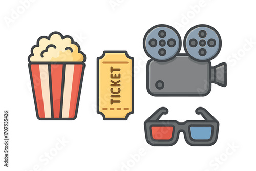 Cinema entertainment elements with popcorn, movie ticket, film camera, and 3D glasses for film industry