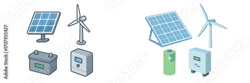 Sustainable energy system components featuring solar panels, wind turbines, batteries, and power inverters for green technology